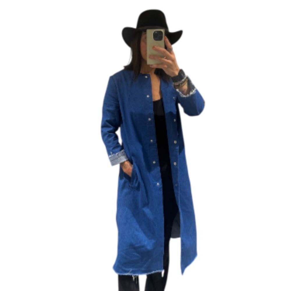 ZARA Blue Jean Jacket longline collarless denim duster small